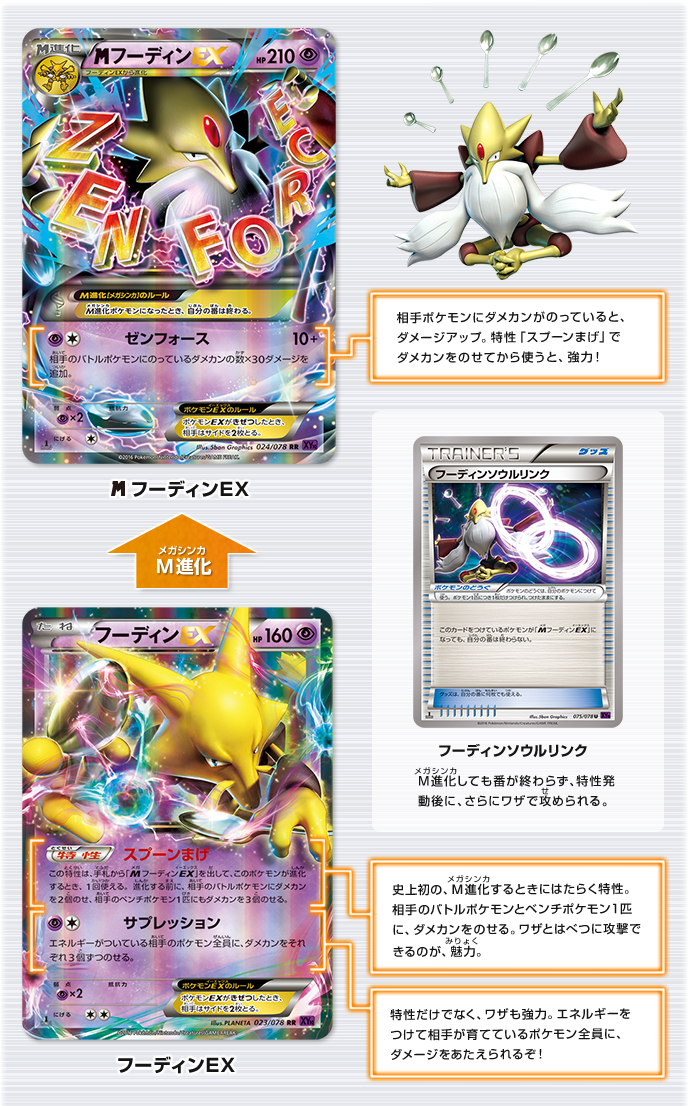 フーディンEX スプーンまげ：史上初の、M進化するときにはたらく特性。相手のバトルポケモンとベンチポケモン1匹に、ダメカンをのせる。ワザとはべつに攻撃できるのが、魅力。　サプレッション：特性だけでなく、ワザも強力。エネルギーをつけて相手が育てているポケモン全員に、ダメージをあたえられるぞ！ →メガ進化→ メガフーディンEX ゼンフォース：相手ポケモンにダメカンがのっていると、ダメージアップ。特性「スプーンまげ」でダメカンをのせてから使うと、強力！　フーディンソウルリンク：メガ進化しても番が終わらず、特性発動後に、さらにワザで攻められる。