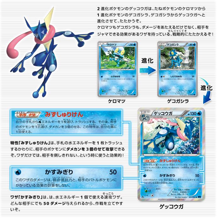 2進化ポケモンのゲッコウガは、たねポケモンのケロマツから1進化ポケモンのゲコガシラ、ゲコガシラからゲッコウガへと進化させて、たたかうぞ。ケロマツもゲコガシラも、ダメージをあたえるだけでなく、相手をジャマできる効果があるワザを持っている、戦略的にたたかえるぞ！　特性「みずしゅりけん」は、手札の水エネルギーを1枚トラッシュするかわりに、相手のポケモンにダメカンを3個のせて攻撃できるぞ。ワザだけでは、相手を倒しきれない、という時に使うと効果的！　ワザ「かすみぎり」は、は、水エネルギー1個で使える速攻ワザ。どんな相手にでも50ダメージ与えられるから、作戦を立てやすいぞ。