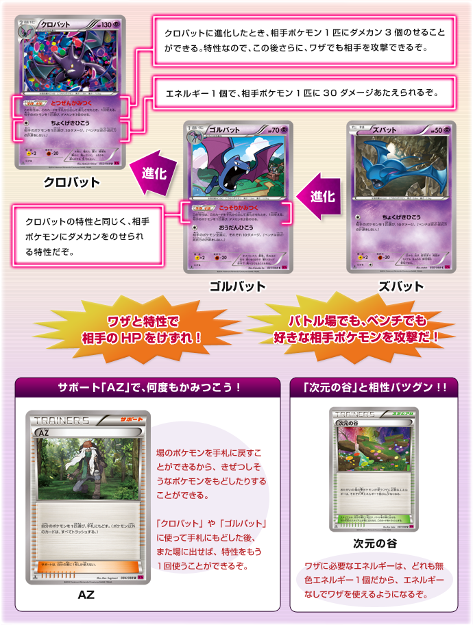 ズバット 進化 ゴルバット:クロバットの特性と同じく、相手ポケモンにダメカンをのせられる特性だぞ。 進化 クロバット:クロバットに進化したとき、相手ポケモン1匹にダメカン3個のせることができる。特性なので、この後さらに、ワザでも相手を攻撃できるぞ。 エネルギー1個で、相手ポケモン1匹に30ダメージあたえられるぞ。 ワザと特性で相手のHPをけずれ！ バトル場でも、ベンチでも好きな相手ポケモンを攻撃だ！ サポート「AZ」で、何度もかみつこう！:AZ 場のポケモンを手札にもどすことができるから、きぜつしそうなポケモンをもどしたりすることができる。「クロバット」や「ゴルバット」に使って手札にもどした後、また場に出せば、特性をもう1回使うことができるぞ。 「次元の谷」と相性バツグン！！:次元の谷 ワザに必要なエネルギーは、どれも無色エネルギー1個だから、エネルギーなしでワザを使えるようになるぞ。