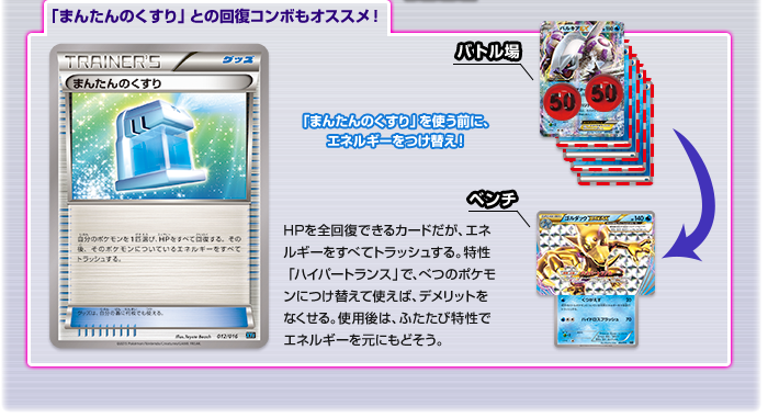 「まんたんのくすり」との回復コンボもオススメ！「まんたんのくすり」はHPを全回復できるカードだが、エネルギーをすべてトラッシュする。特性「ハイパートランス」で、べつのポケモンにつけ替えて使えば、デメリットをなくせる。使用後は、ふたたび特性でエネルギーを元にもどそう。