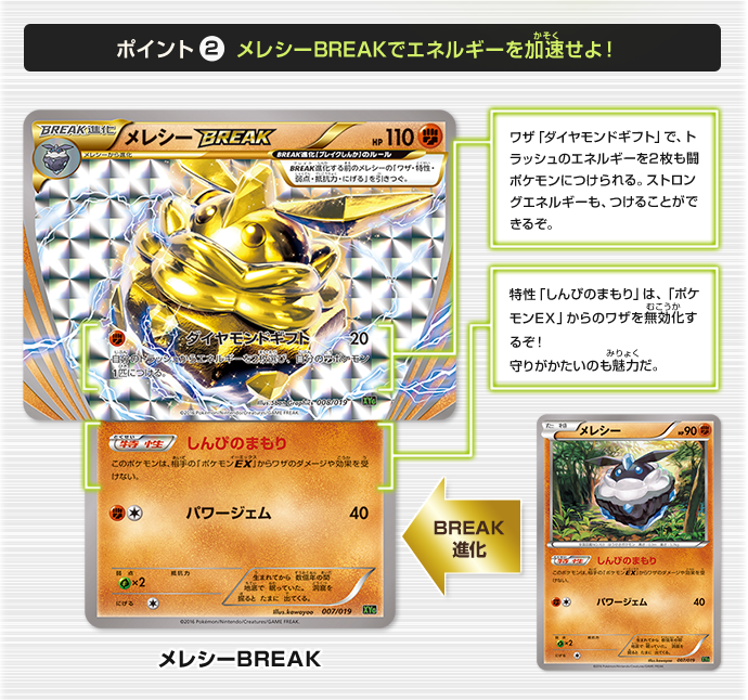 ポイント2 メレシーBREAKでエネルギーを加速せよ！：メレシー→BREAK進化→メレシーBREAK ワザ「ダイヤモンドギフト」で、トラッシュのエネルギーを2枚も闘ポケモンにつけられる。ストロングエネルギーも、つけることができるぞ。 特性「しんぴのまもり」は、「ポケモンEX」からのワザを無効化するぞ！守りがかたいのも魅力だ。